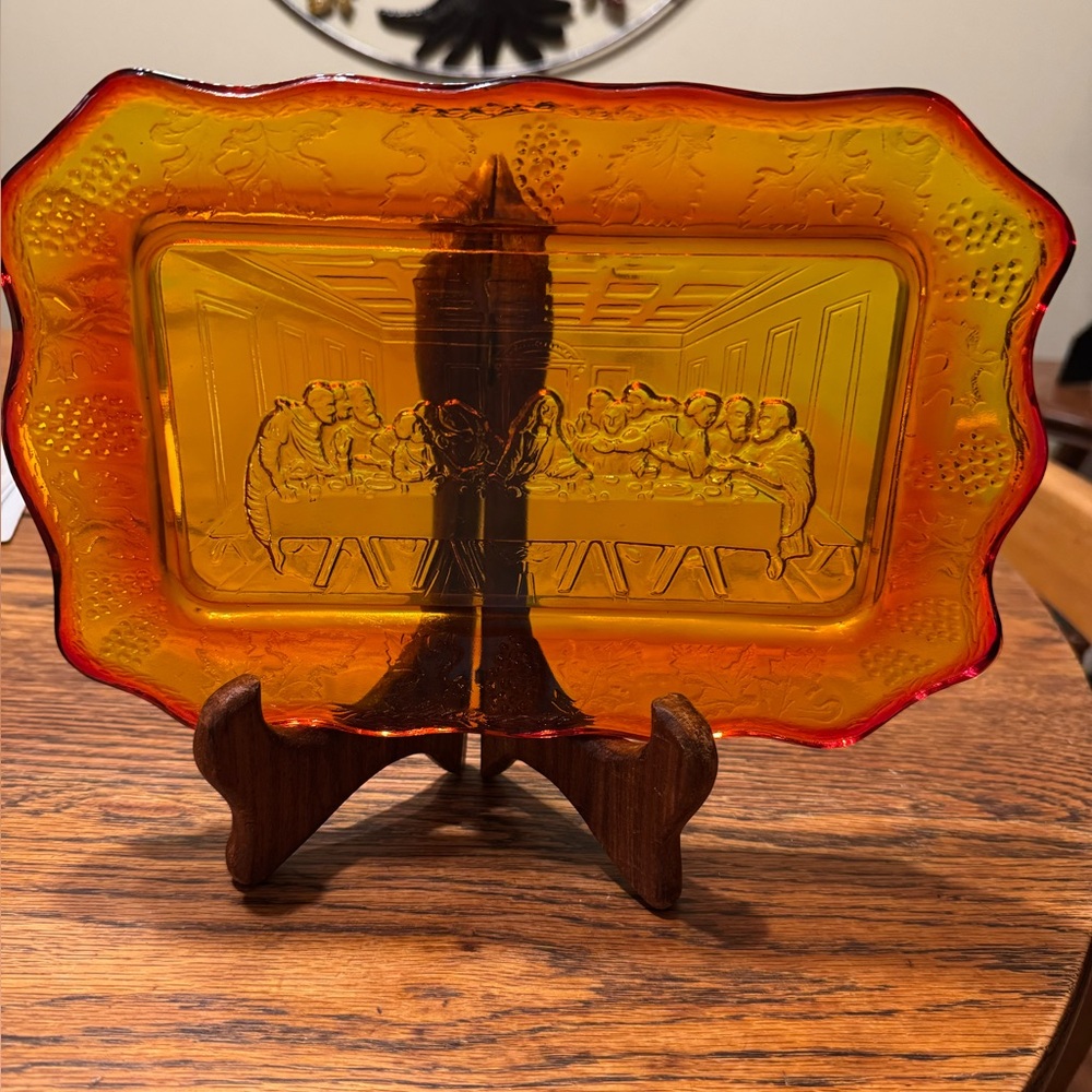 Vintage Amber Glass Plate Lords Supper by Indiana Glass. EUC